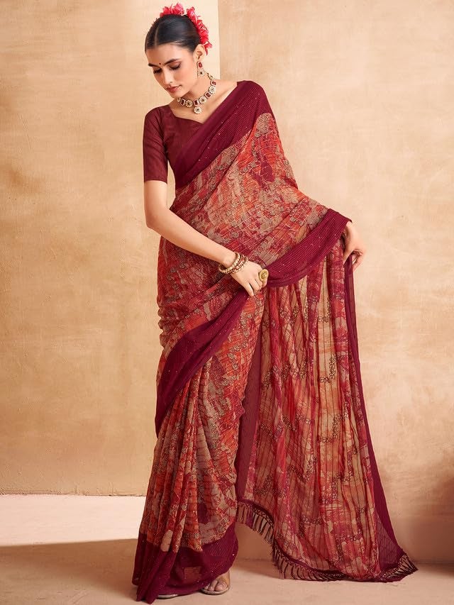 Satrani Women's Georgette Printed & Sequence Woven Work Saree with Unstitched Blouse Piece (3476S712N_Maroon & Orange & Multi) - Image 2