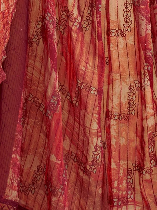 Satrani Women's Georgette Printed & Sequence Woven Work Saree with Unstitched Blouse Piece (3476S712N_Maroon & Orange & Multi) - Image 5