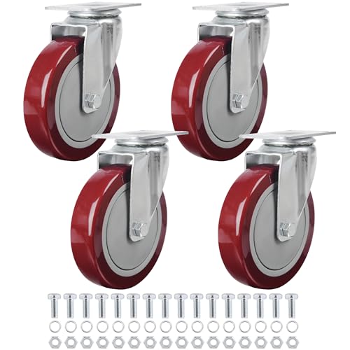 Finnhomy 5 Inch Heavy Duty Red Plate Swivel Casters Set of 4, 3000 Lbs Capacity, Premium Polyurethane & Steel, Anti-wear Smooth, Perfect for Furniture/Workbench - Image 1
