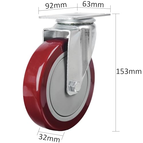 Finnhomy 5 Inch Heavy Duty Red Plate Swivel Casters Set of 4, 3000 Lbs Capacity, Premium Polyurethane & Steel, Anti-wear Smooth, Perfect for Furniture/Workbench - Image 3