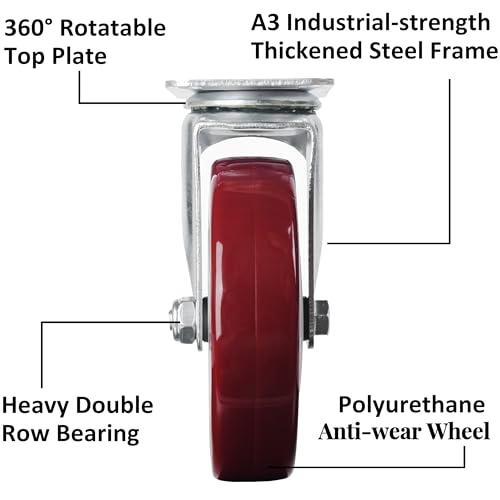 Finnhomy 5 Inch Heavy Duty Red Plate Swivel Casters Set of 4, 3000 Lbs Capacity, Premium Polyurethane & Steel, Anti-wear Smooth, Perfect for Furniture/Workbench - Image 2