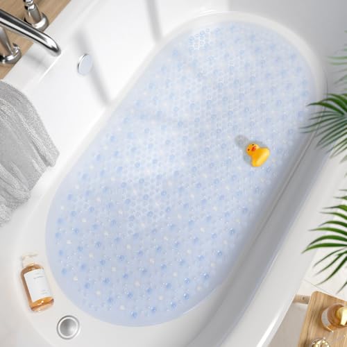 HITSLAM Bathtub Mat Non Slip, 27x15 Inch Bubble Oval Bath Tub Mat for Bathroom, Machine Washable Shower Mat with Suction Cups and Drain Holes, Clear - Image 1
