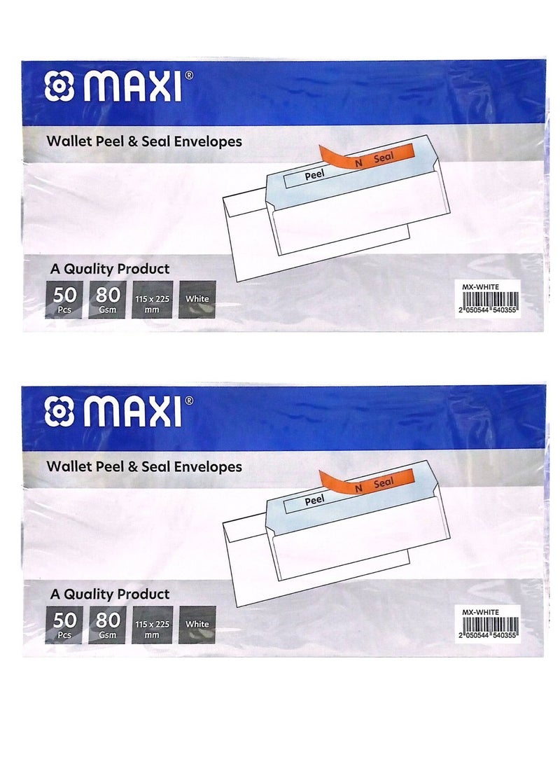 Maxi 50-Piece White Envelopes 80Gsm 115X225mm Wallet Peel & Seal Pack Of 2  - Image 1