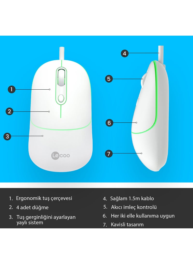 lecoo - Lenovo MS110 USB Wired RGB 2400DPI 4-Button Silent Click Optical Mouse White - Image 1