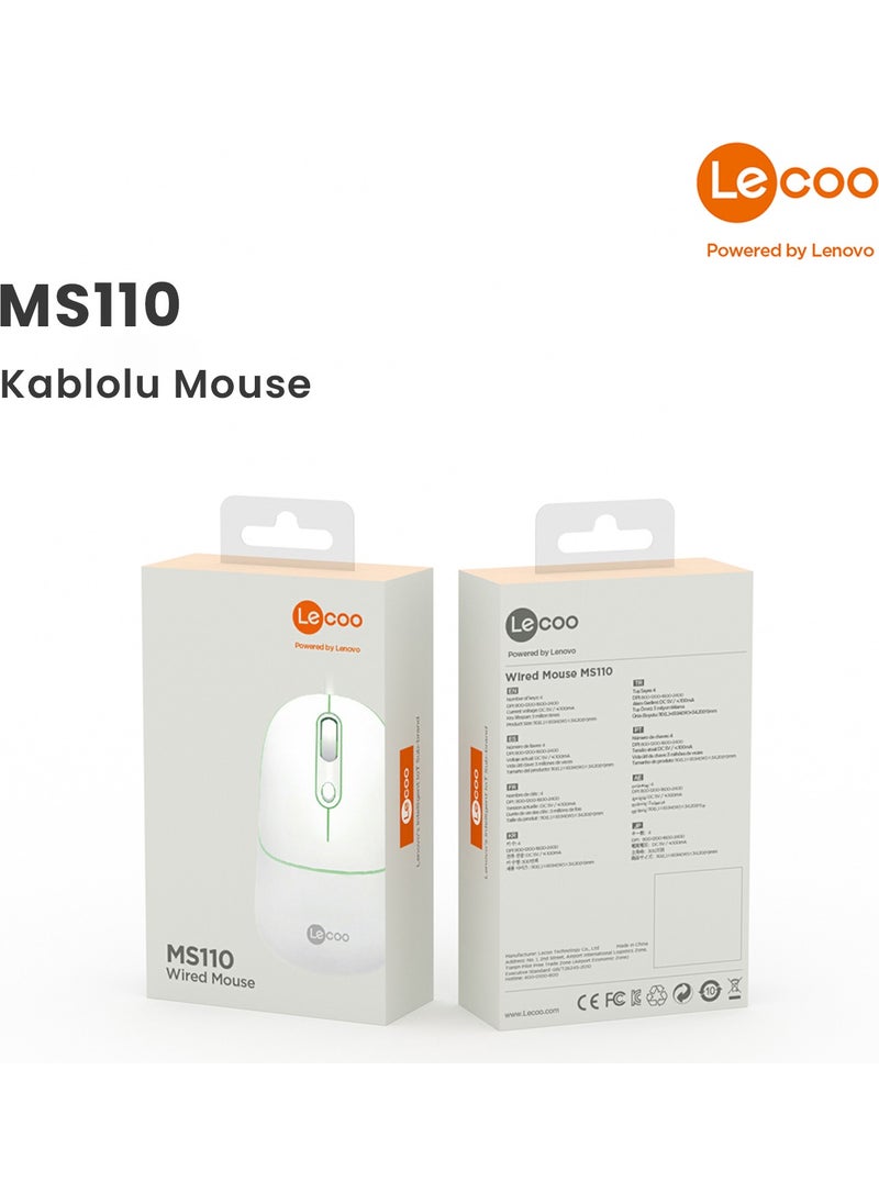 lecoo - Lenovo MS110 USB Wired RGB 2400DPI 4-Button Silent Click Optical Mouse White - Image 1
