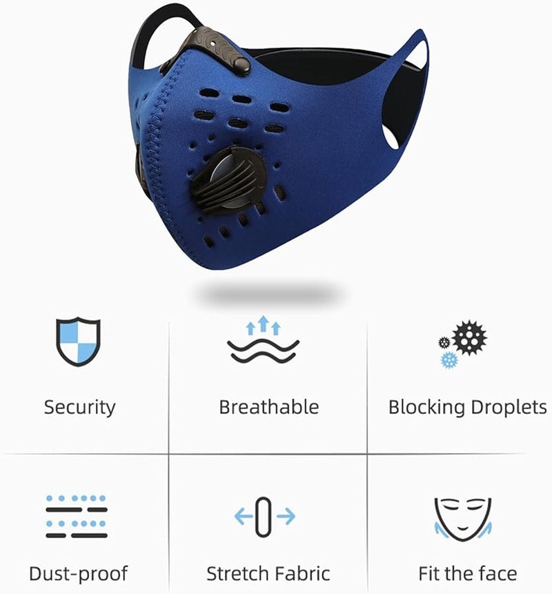 Blue Adjustable Reusable Face Mask With Carbon Valves For Cycling And Sports - Image 3