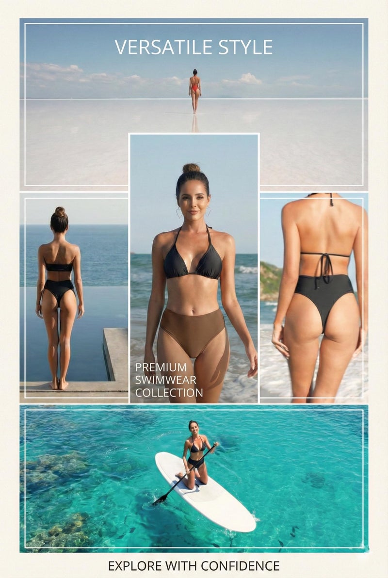 Zmart Women High Waist Thong Bikini Bottoms High Cut Swimsuit Bathing Suit Cheeky Brazilian Swimwear Bottom Black M - Image 4
