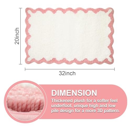 ORTIGIA Scalloped Pink Bathroom Rugs Non Slip Washable, Quick Dry Absorbent Soft Plush Microfiber Bath Mats, Bath Rugs for Bathroom Floor Carpet for Sink Bedroom, Pink and White, 20x32 - Image 2