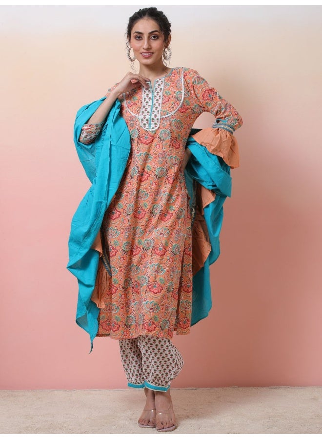 AKS Peach printed Cotton Kurta set with ruffled dupatta  - Image 1