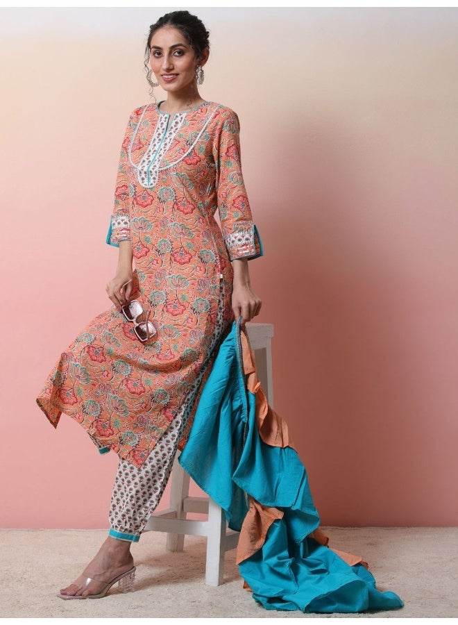 AKS Peach printed Cotton Kurta set with ruffled dupatta  - Image 4