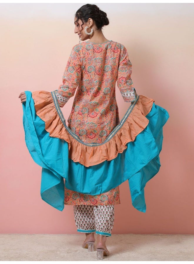 AKS Peach printed Cotton Kurta set with ruffled dupatta  - Image 5