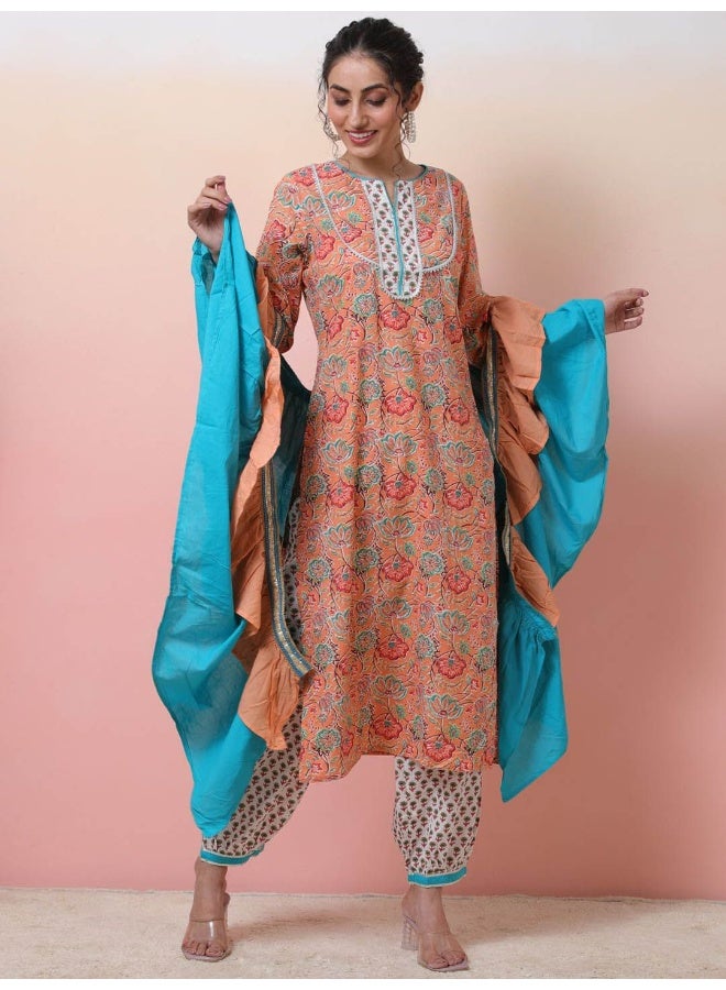 AKS Peach printed Cotton Kurta set with ruffled dupatta  - Image 3