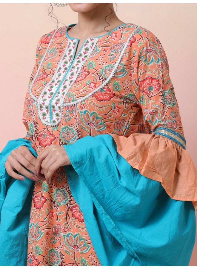 AKS Peach printed Cotton Kurta set with ruffled dupatta  - Image 2