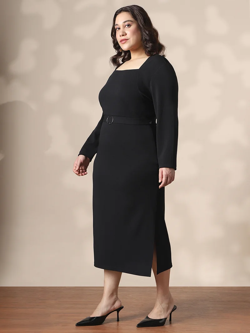 globus Globus Gloplus Women Black Square Neck Full Sleeves Belted Side Slit Plus Size Midi Workwear Bodycon Dress