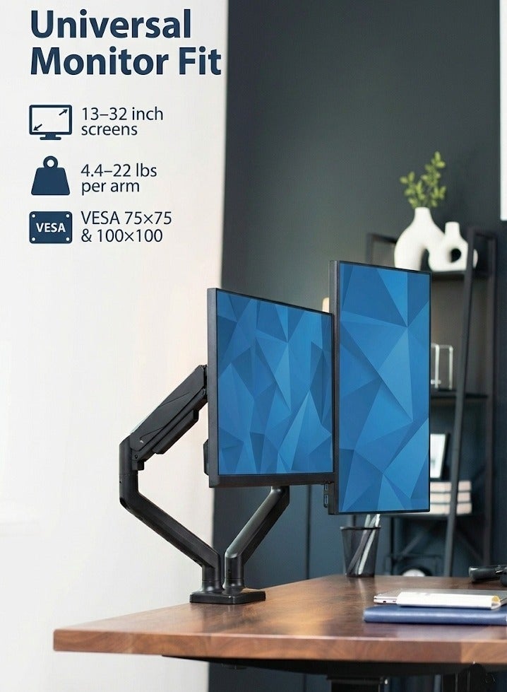 ABJ Dual Monitor Arm For 13–32 Inch Screens, Supports 2-10 kg | Full Motion Monitor Stand With +90°/–90° Tilt & 360° Swivel Rotation | Heavy Duty Clamp & Grommet | VESA 75/100 mm - Image 2