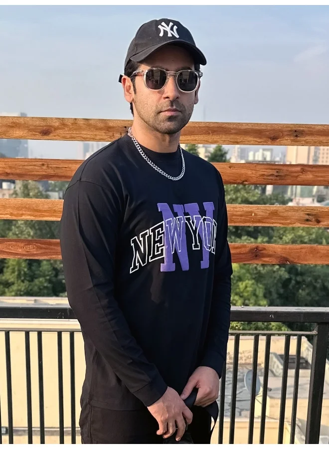 Maniac  Maniac Mens Printed Round Neck Full Sleeve Black and Purple Cotton Oversized T-Shirt for Men | Best Price UAE