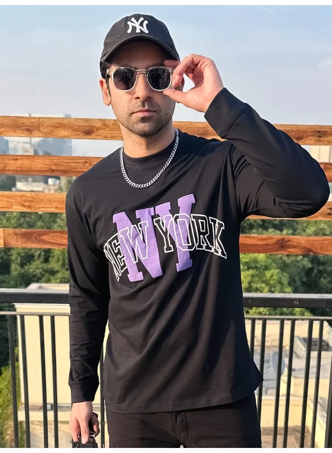 Maniac Maniac Mens Printed Round Neck Full Sleeve Black and Purple Cotton Oversized T-Shirt