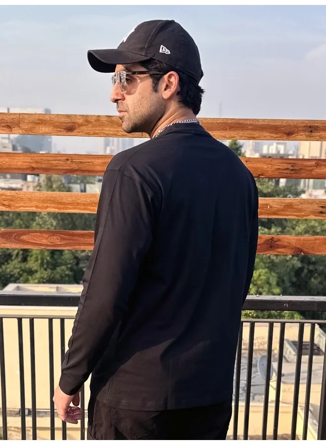 Maniac Maniac Mens Printed Round Neck Full Sleeve Black and Purple Cotton Oversized T-Shirt