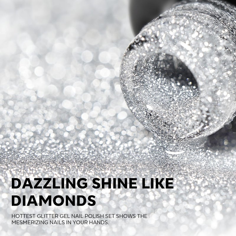 modelones Glitter Gel Nail Polish Set, 6 Colors Fall Winter Dark Red Pink Silver Gold Black Gel Polish Kit Shimmer Sparkle Reflective LED Soak Off Manicure Art Kit Home DIY Salon Gift for Women - Image 2