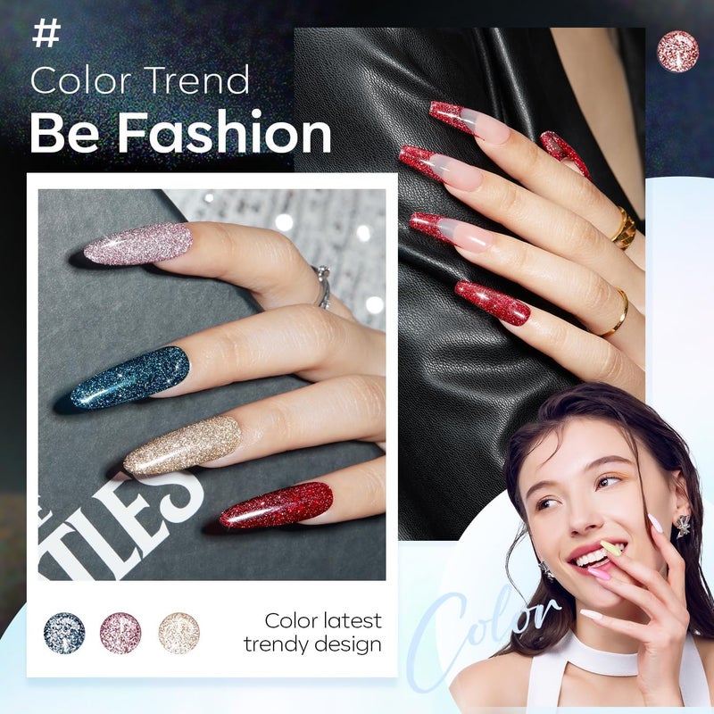 modelones Glitter Gel Nail Polish Set, 6 Colors Fall Winter Dark Red Pink Silver Gold Black Gel Polish Kit Shimmer Sparkle Reflective LED Soak Off Manicure Art Kit Home DIY Salon Gift for Women - Image 3