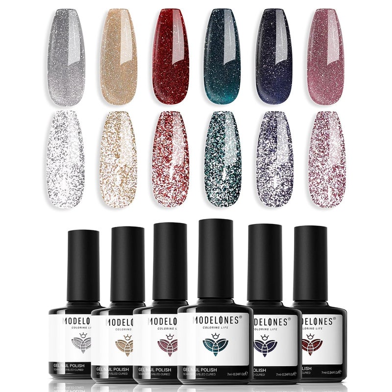modelones Glitter Gel Nail Polish Set, 6 Colors Fall Winter Dark Red Pink Silver Gold Black Gel Polish Kit Shimmer Sparkle Reflective LED Soak Off Manicure Art Kit Home DIY Salon Gift for Women - Image 1