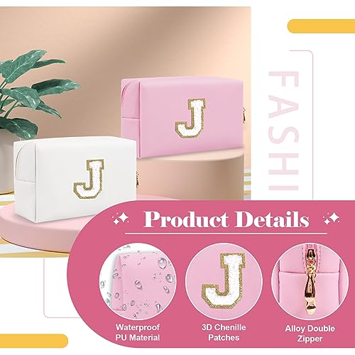 ChaoGreat Personalized Initial A-Z Preppy Patch Makeup Bag,Small PU Chenille Letter Cosmetic Bag with Zipper for Teen Girls,Pink Cute Toiletry Organizer Bag,Monogram Makeup Case Gift for Women Girls,Letter J - Image 3