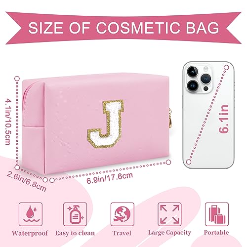 ChaoGreat Personalized Initial A-Z Preppy Patch Makeup Bag,Small PU Chenille Letter Cosmetic Bag with Zipper for Teen Girls,Pink Cute Toiletry Organizer Bag,Monogram Makeup Case Gift for Women Girls,Letter J - Image 2