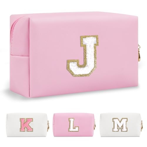 ChaoGreat Personalized Initial A-Z Preppy Patch Makeup Bag,Small PU Chenille Letter Cosmetic Bag with Zipper for Teen Girls,Pink Cute Toiletry Organizer Bag,Monogram Makeup Case Gift for Women Girls,Letter J - Image 1