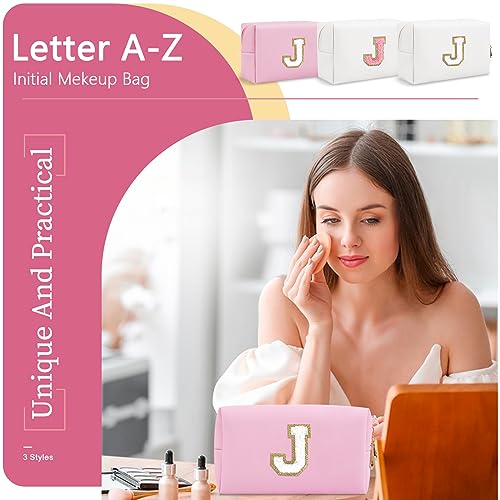 ChaoGreat Personalized Initial A-Z Preppy Patch Makeup Bag,Small PU Chenille Letter Cosmetic Bag with Zipper for Teen Girls,Pink Cute Toiletry Organizer Bag,Monogram Makeup Case Gift for Women Girls,Letter J - Image 5