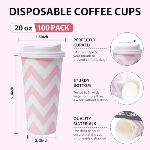 Tamone 100 PACK 20OZ Disposable Coffee Cups with Lids To Go Coffee Cups with Lids Leak Proof Pink Paper Cups for ColdHot Beverage Chocolate Cocoa for Home Office Party - Image 5