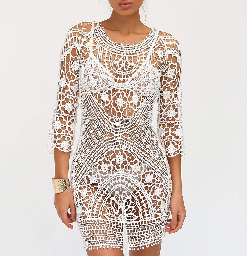 Jeasona Women’s Bathing Suit Cover Up Crochet Lace Bikini Swimsuit Dress (White, L) - Image 3
