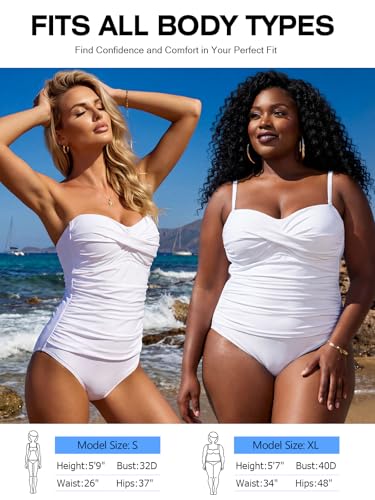 RELLECIGA Women's Tummy Control One Piece Swimsuit Bandeau Strapless Ruched Bathing Suits(White,XLarge) - Image 4