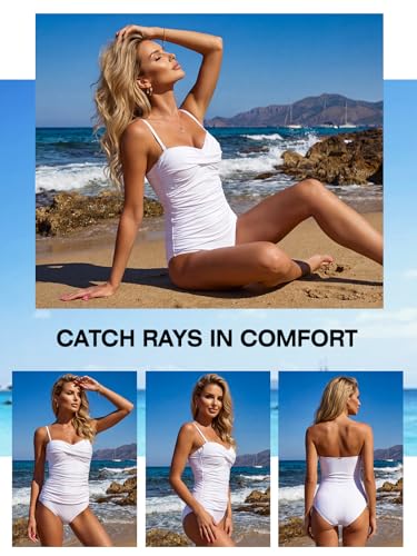 RELLECIGA Women's Tummy Control One Piece Swimsuit Bandeau Strapless Ruched Bathing Suits(White,XLarge) - Image 2