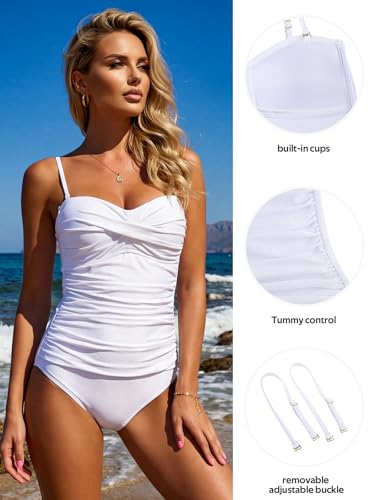 RELLECIGA Women's Tummy Control One Piece Swimsuit Bandeau Strapless Ruched Bathing Suits(White,XLarge) - Image 3
