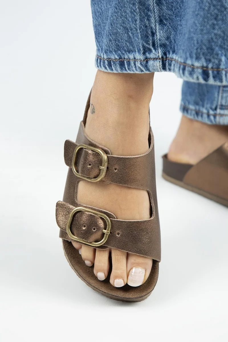 Manijero Manijero Jazmin Women's Genuine Leather Double Buckle Copper Slippers