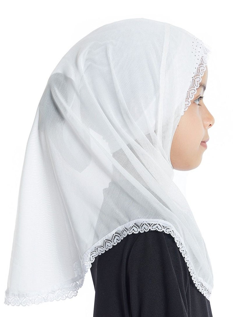 إسكدنيا Girl's Stretch Long Scarf Solid Color Lace Hijab White  - Image 2