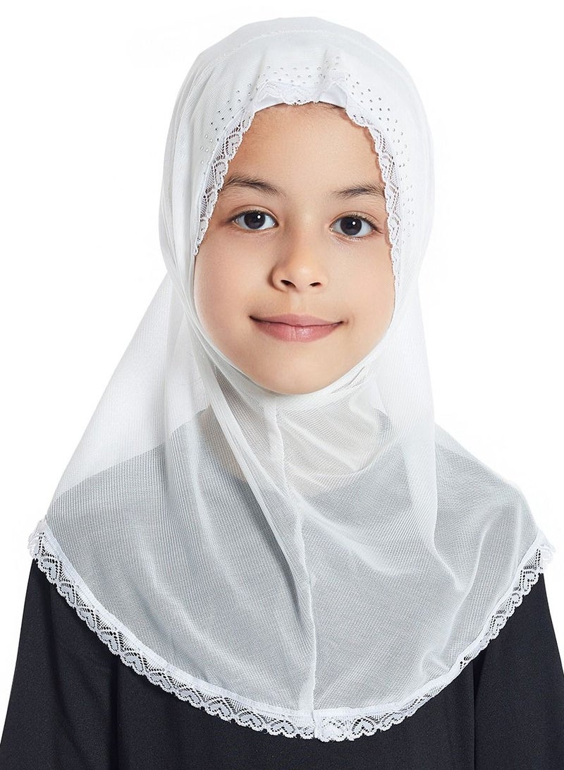 إسكدنيا Girl's Stretch Long Scarf Solid Color Lace Hijab White  - Image 1