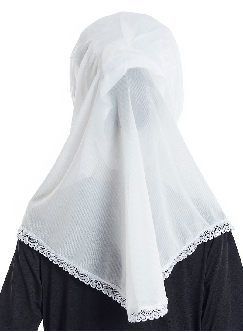 إسكدنيا Girl's Stretch Long Scarf Solid Color Lace Hijab White  - Image 3