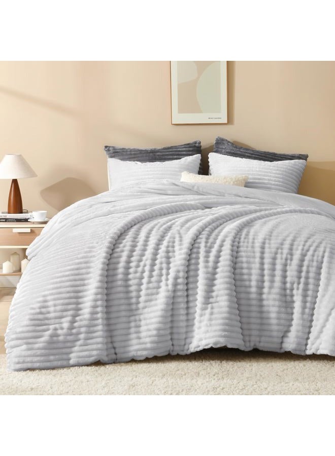 Andency Fleece Full Comforter Set, 3 Pieces Light Grey Comforter Set for Full Size Bed, Soft Warm Fluffy Fuzzy Bedding Set for Winter (1 Comforter & 2 Pillowcases) - Image 1