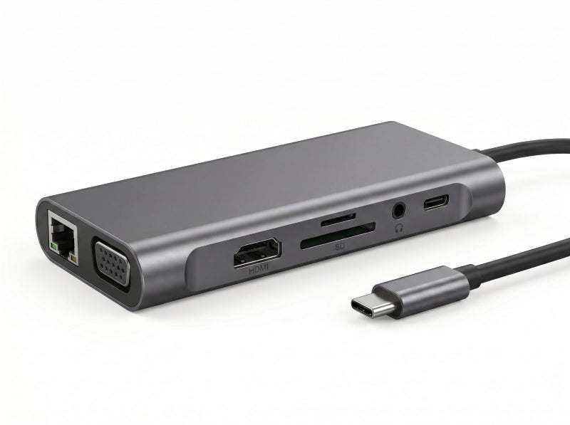Type-C to HDTV Adapter 10 in 1 Grey Multi Function Adapter Support 4K 1000M LAN, 3 USB 3.0 Ports, VGA, RJ45, SD/TF Card Reader, Audio - Image 1