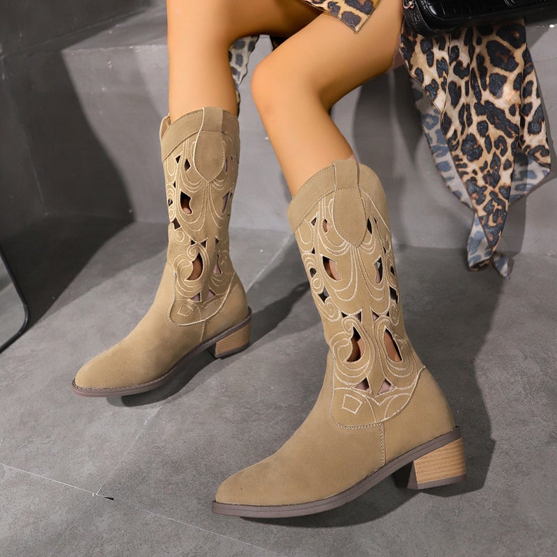 Summer Blossoms ~ Ethnic Style Trendy Hollow Embroidery Breathable V-Cut Western Cowboy Boots - Image 3