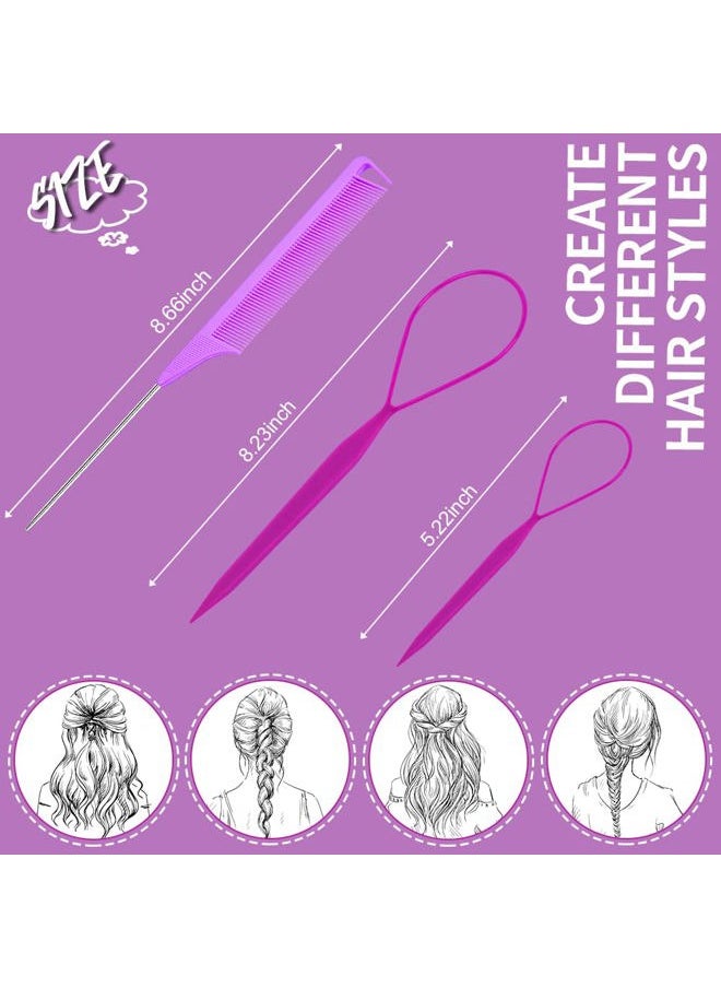 TsMADDTs 3Pack Hair Loop Tool Set with 2PCS French Braid Tool Loop 1PCS Rat Tail Comb Metal Pin Tail Braiding Comb for Hair Styling, Purple  - Image 2