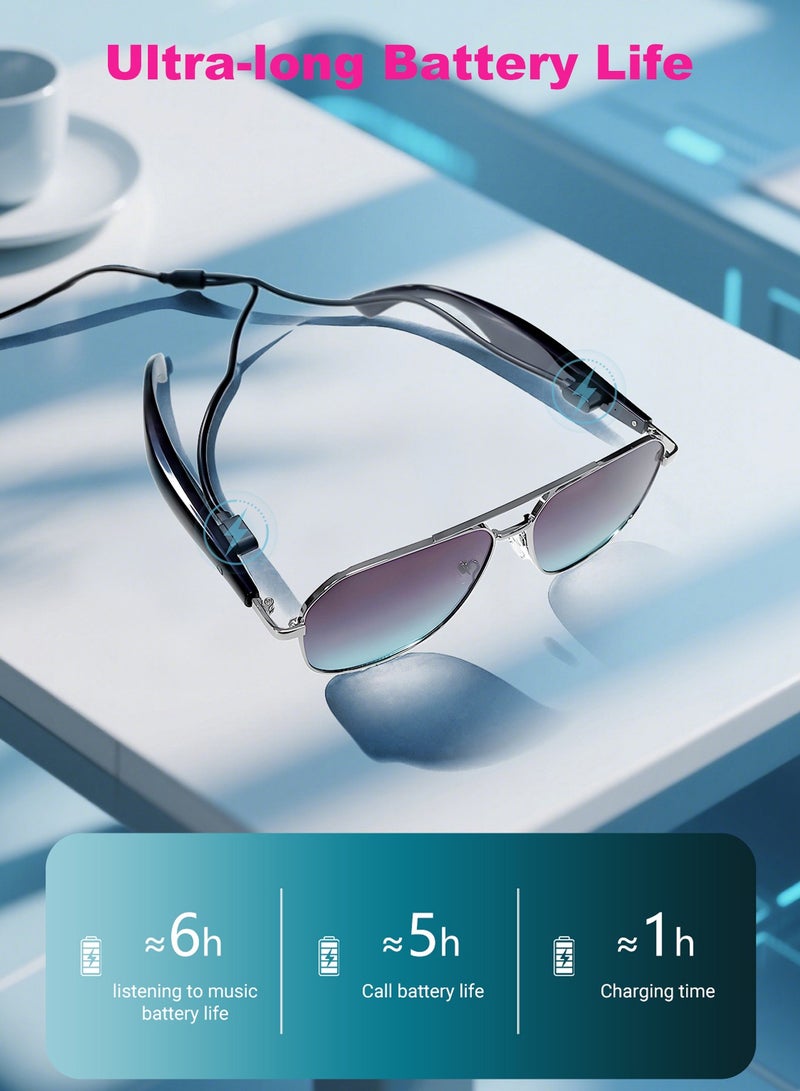 AI Translation Smart Glasses with Bluetooth Stereo Speakers, Open Ear Music Playback, HD Calls - Blue Lens Sunglasses for Men and Women - Image 5