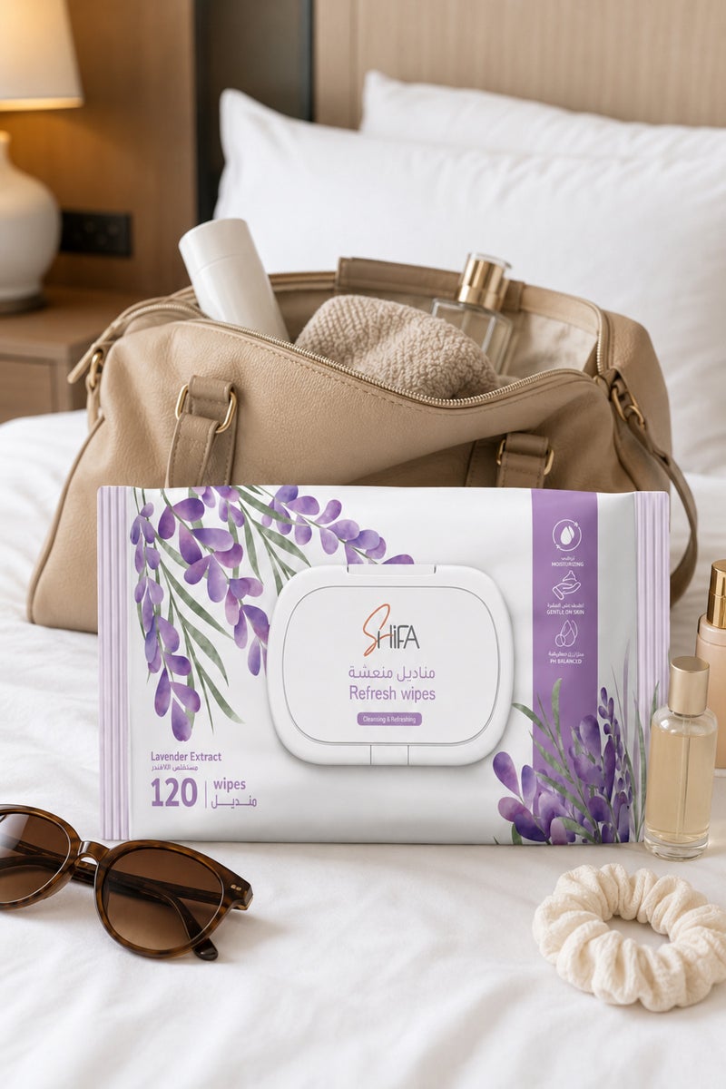 SHIFA Refresh Wipes Lavender, 120 Soft Sheets for Face and Body Cleansing, Pack - Image 5