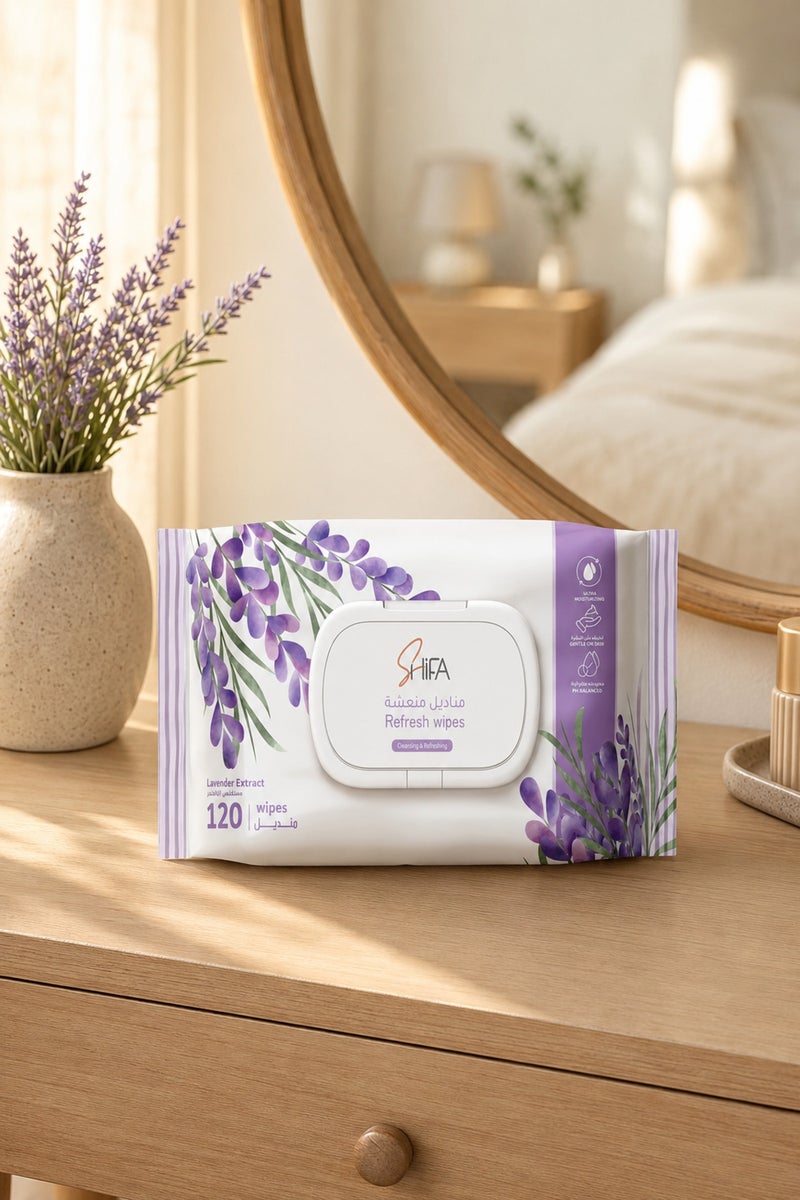 SHIFA Refresh Wipes Lavender, 120 Soft Sheets for Face and Body Cleansing, Pack - Image 4
