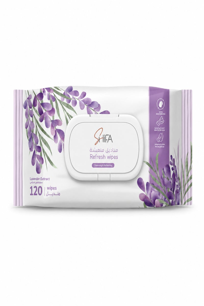 SHIFA Refresh Wipes Lavender, 120 Soft Sheets for Face and Body Cleansing, Pack - Image 2