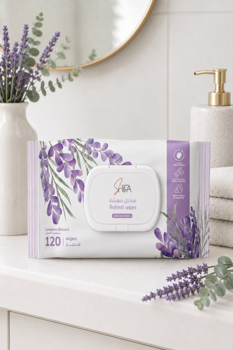 SHIFA Refresh Wipes Lavender, 120 Soft Sheets for Face and Body Cleansing, Pack - Image 1