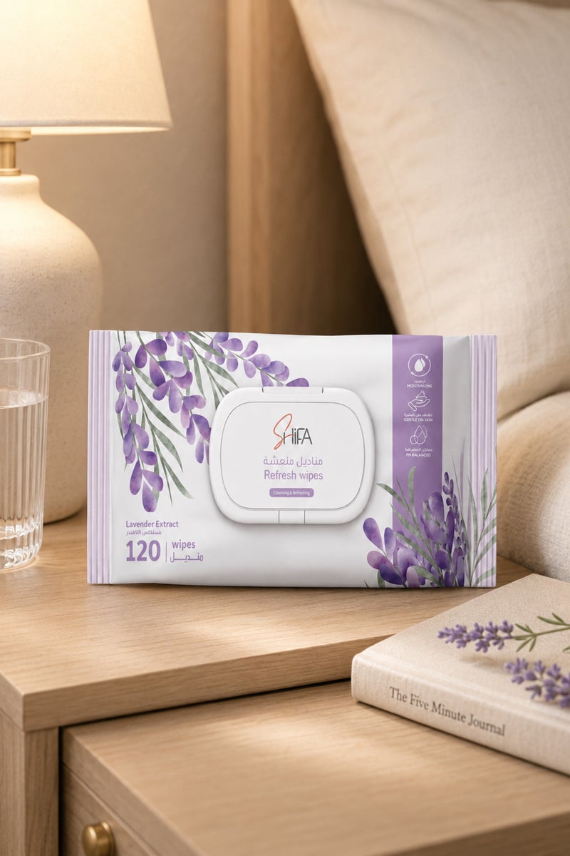 SHIFA Refresh Wipes Lavender, 120 Soft Sheets for Face and Body Cleansing, Pack - Image 3