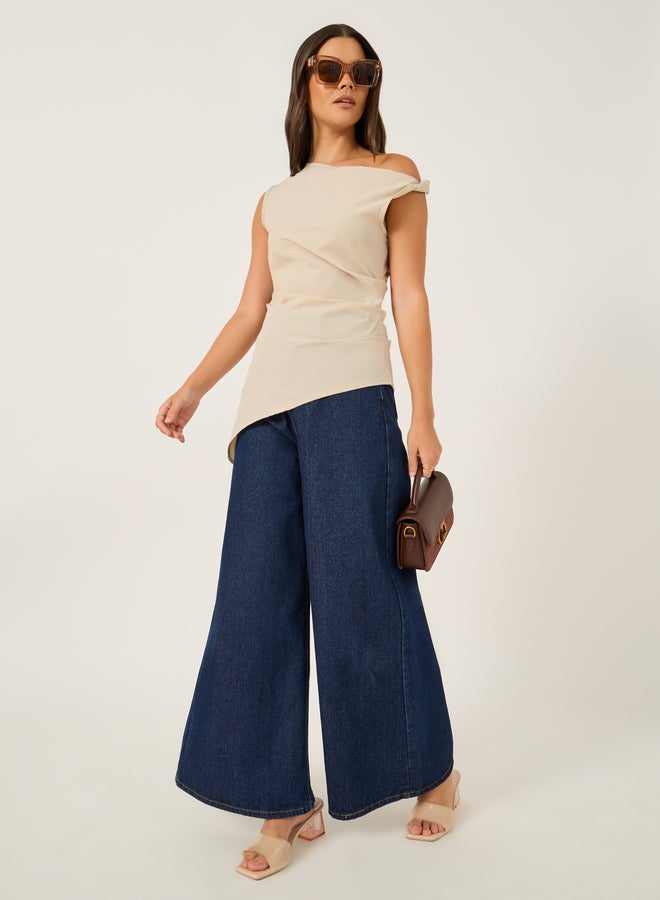 Styli Solid Asymmetric Hem One Shoulder Sleeveless Top  - Image 2