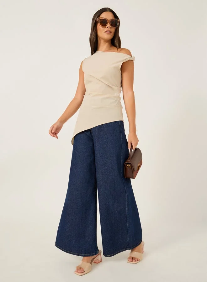 Styli Solid Asymmetric Hem One Shoulder Sleeveless Top